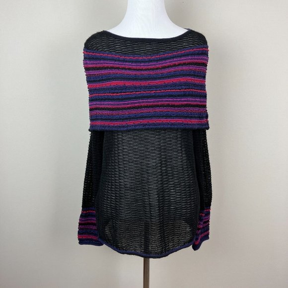 MFH Knits Sweater Womens Medium Black 100% Baby Alpaca Multicolor Open Knit Top - Picture 1 of 13